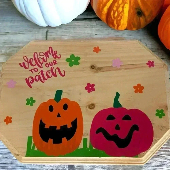 Fall/Halloween Hand Crafted Wooden Sign Featuring Pink and Orange Pumpkin Design - Picture 2 of 5